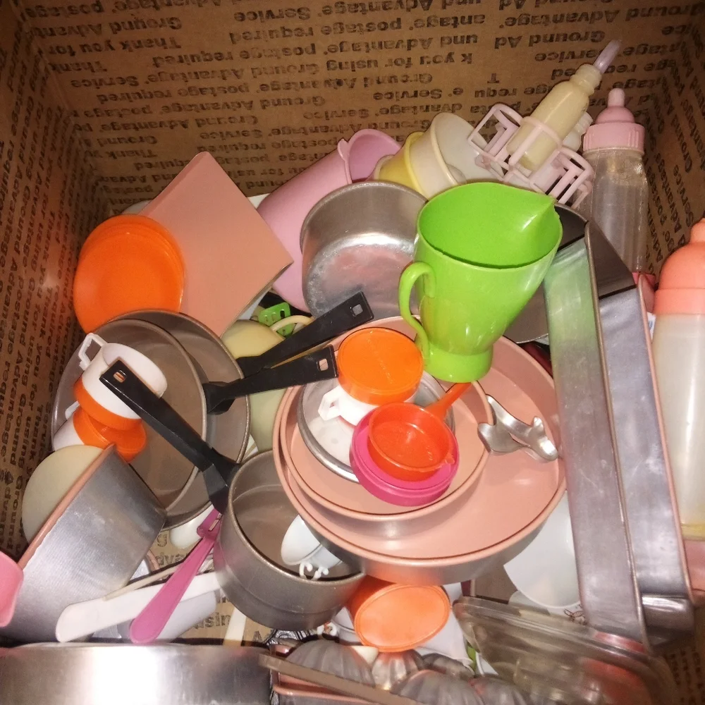 Box Lot Of Vintage Toy Dishes Pots Pans Dollhouse Playset